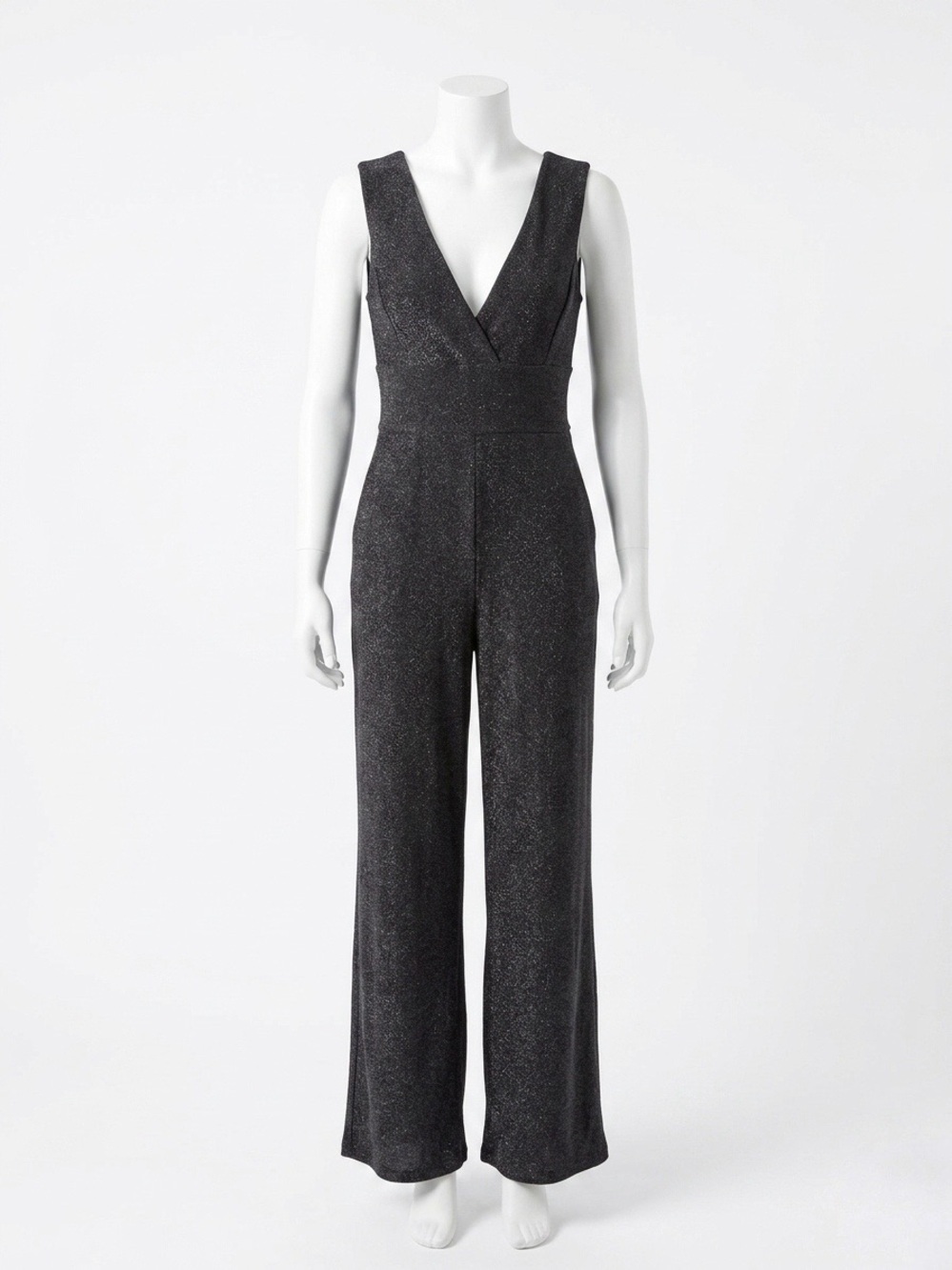 NWT BCBG Black Metallic Shimmer Sparkle V-Neck Wide-Leg Jumpsuit Size Small